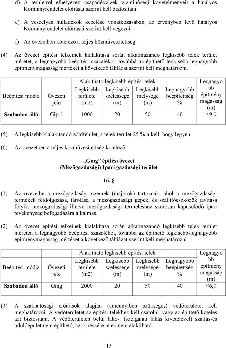 (4) Az övezet építési telkeinek kialakítása során alkalmazandó legkisebb telek terület méretet, a legnagyobb beépítési százalékot, továbbá az építhető legkisebb-legnagyobb építménymagasság mértékét a