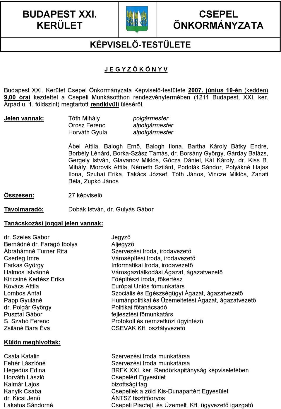 Jelen vannak: Tóth Mihály polgármester Orosz Ferenc alpolgármester Horváth Gyula alpolgármester Ábel Attila, Balogh Ernő, Balogh Ilona, Bartha Károly Bátky Endre, Borbély Lénárd, Borka-Szász Tamás,