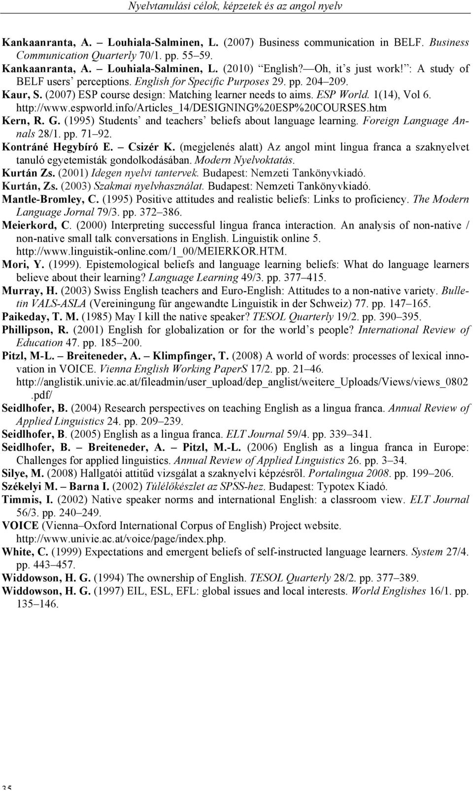 http://www.espworld.info/articles_14/designing%20esp%20courses.htm Kern, R. G. (1995) Students and teachers beliefs about language learning. Foreign Language Annals 28/1. pp. 71 92.