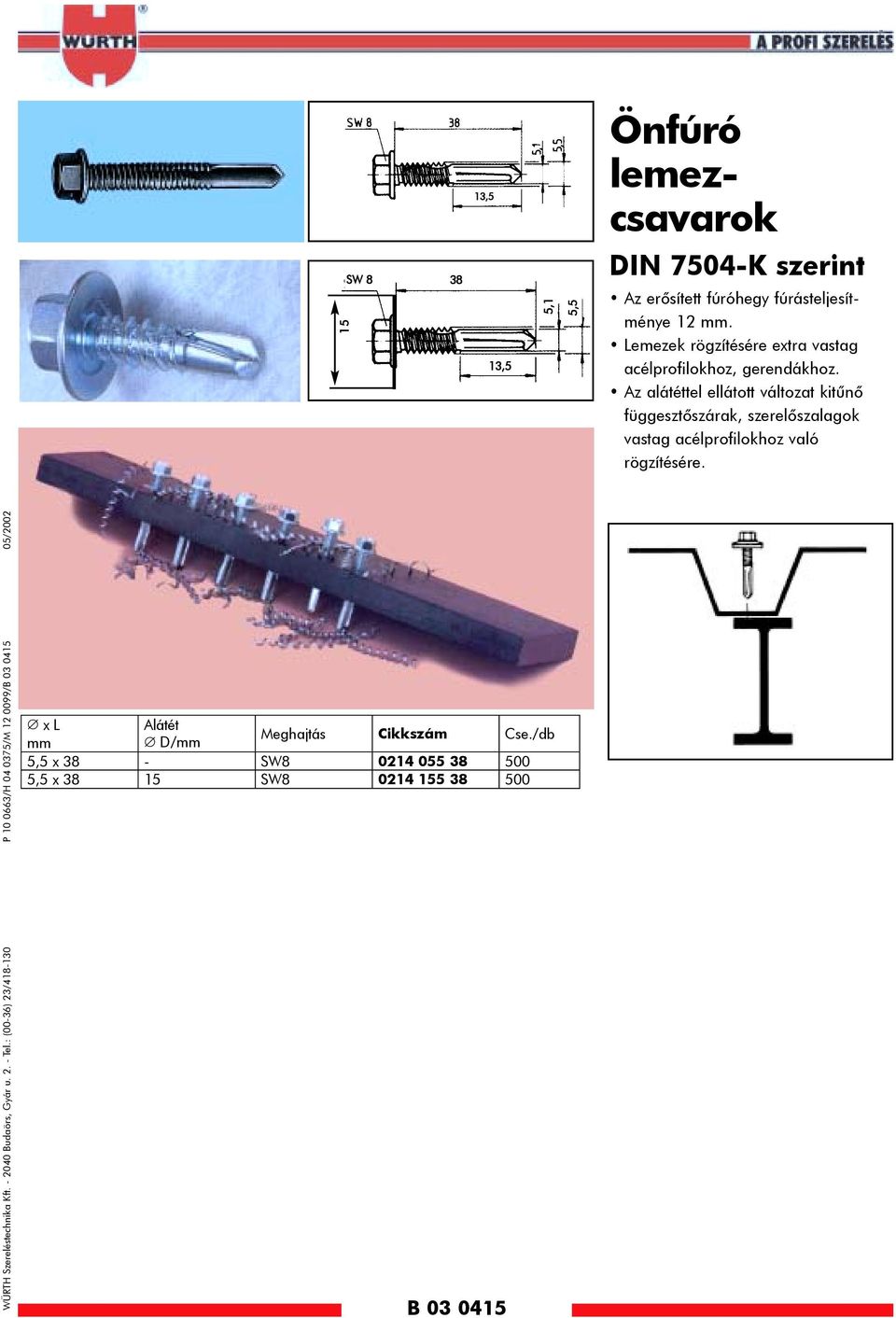 Az tel ellátott változat kitûnõ függesztõszárak, szerelõszalagok vastag acélprofilokhoz való rögzítésére. WÜRTH Szereléstechnika Kft.