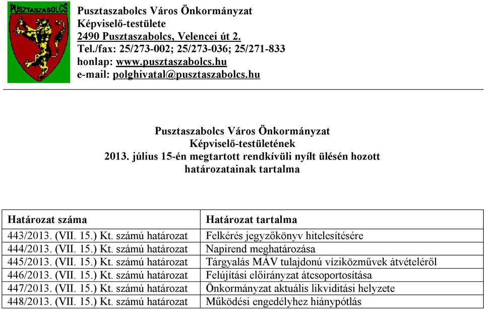 (VII. 15.) Kt. számú határozat Felújítási előirányzat átcsoportosítása 447/2013. (VII. 15.) Kt. számú határozat Önkormányzat aktuális likviditási helyzete 448/2013.