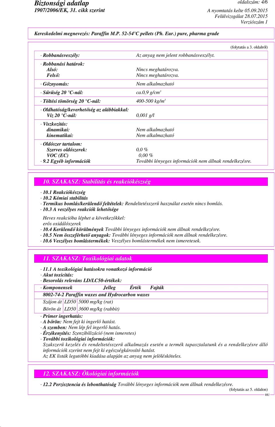 a 3. oldalról) Oldószer tartalom: Szerves oldószerek: 0,0 % VOC (EC) 0,00 % 9.2 Egyéb információk 10. SZAKASZ: Stabilitás és reakciókészség 10.1 Reakciókészség 10.