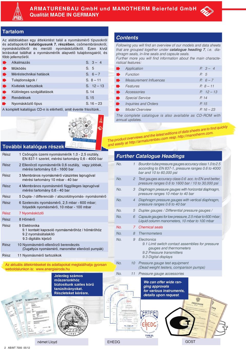 5 Méréstechnikai hatások S. 6 7 Tulajdonságok / S. 8 11 Kivitelek tartozékok S. 12 13 Különleges szolgáltatások S. 14 Rendelések S. 15 Nyomásközlő típus S.