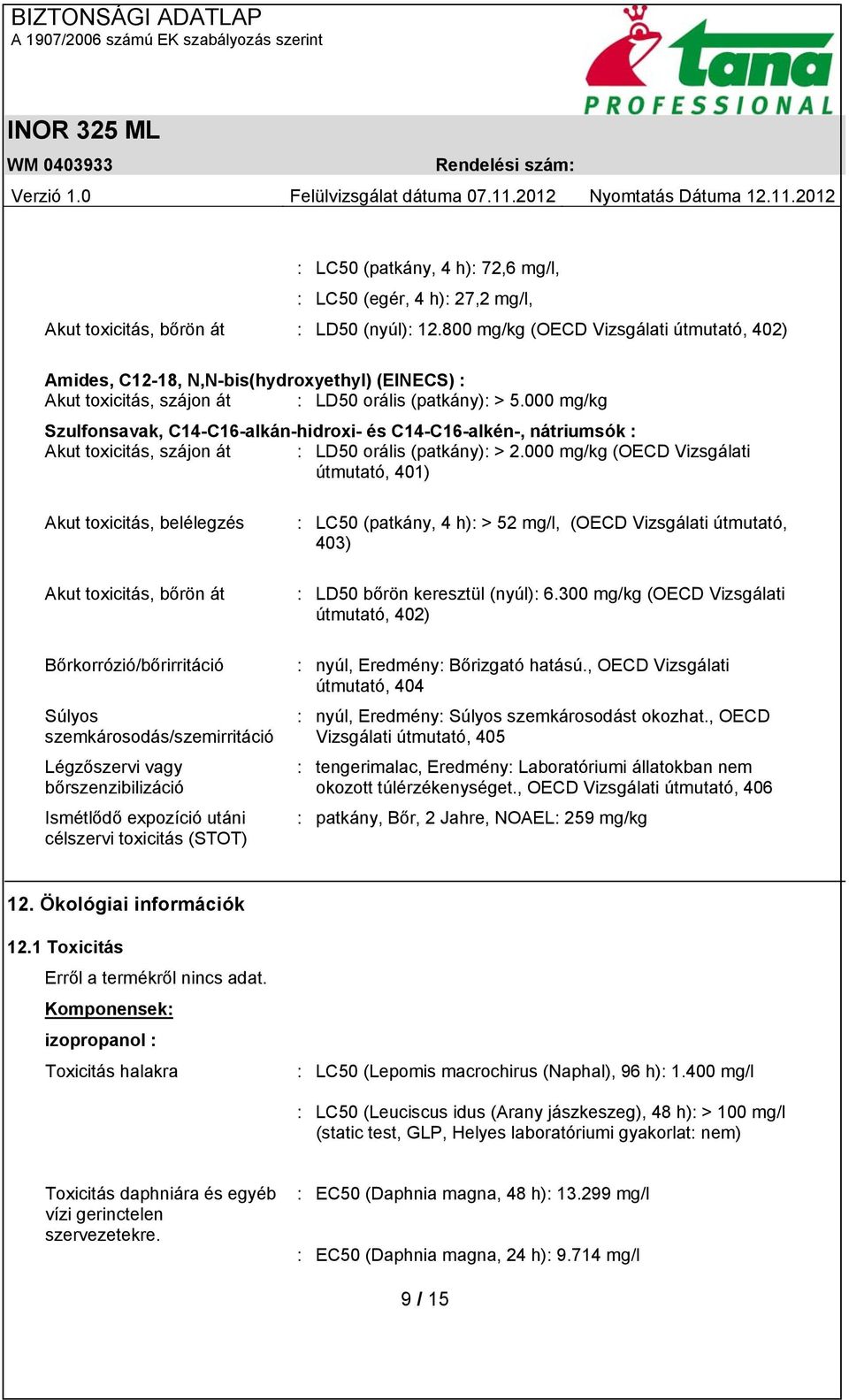 000 mg/kg Szulfonsavak, C14-C16-alkán-hidroxi- és C14-C16-alkén-, nátriumsók : Akut toxicitás, szájon át : LD50 orális (patkány): > 2.