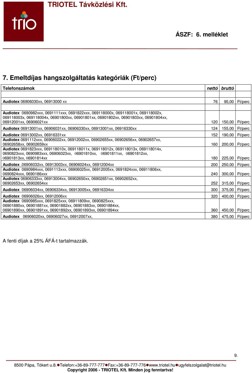 06916330xx 124 155,00 Ft/perc Audiotex 06913002xx, 06916331xx 152 190,00 Ft/perc Audiotex 0691112xxx, 06906022xx, 06912002xx, 06902655xx, 06902656xx, 06902657xx, 06902658xx, 06902659xx 160 200,00
