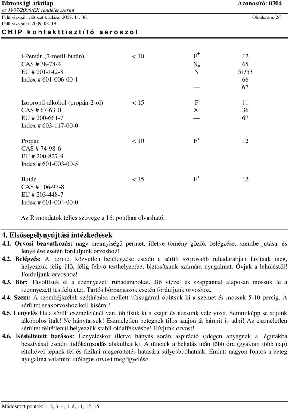 200-661-7 67 Index # 603-117-00-0 Propán < 10 F + 12 CAS # 74-98-6 EU # 200-827-9 Index # 601-003-00-5 Bután < 15 F + 12 CAS # 106-97-8 EU # 203-448-7 Index # 601-004-00-0 Az R mondatok teljes