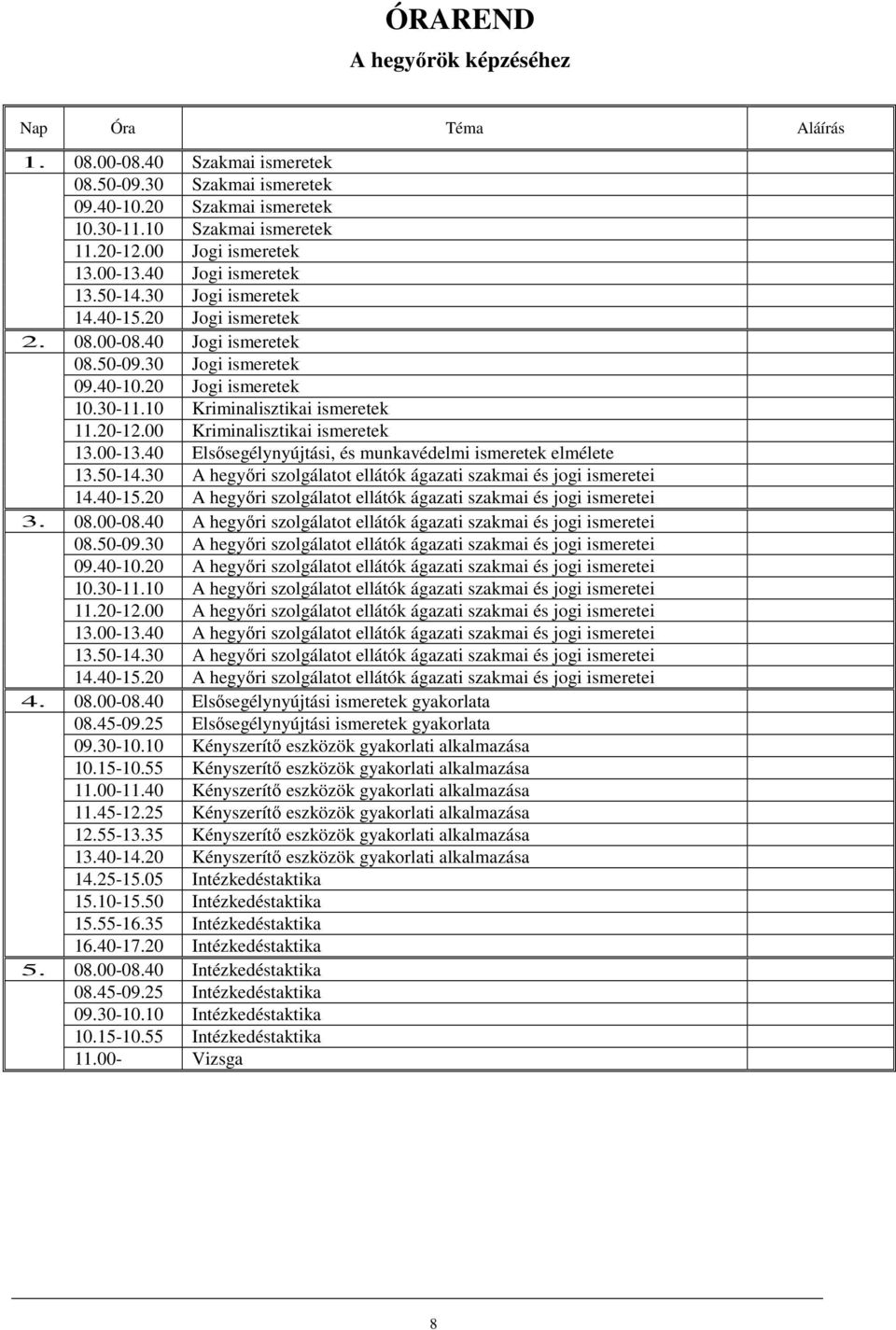 10 Kriminalisztikai ismeretek 11.20-12.00 Kriminalisztikai ismeretek 13.00-13.40 Elsősegélynyújtási, és munkavédelmi ismeretek elmélete 13.50-14.