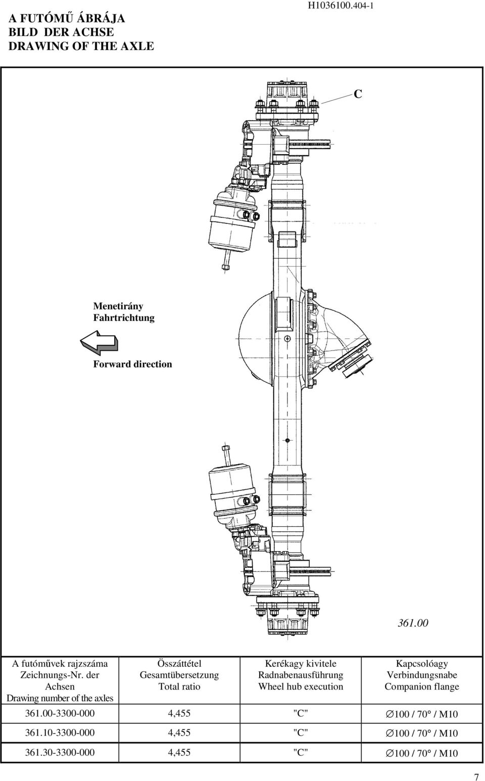 der Achsen Drawing number of the axles Összáttétel Gesamtübersetzung Total ratio Kerékagy kivitele