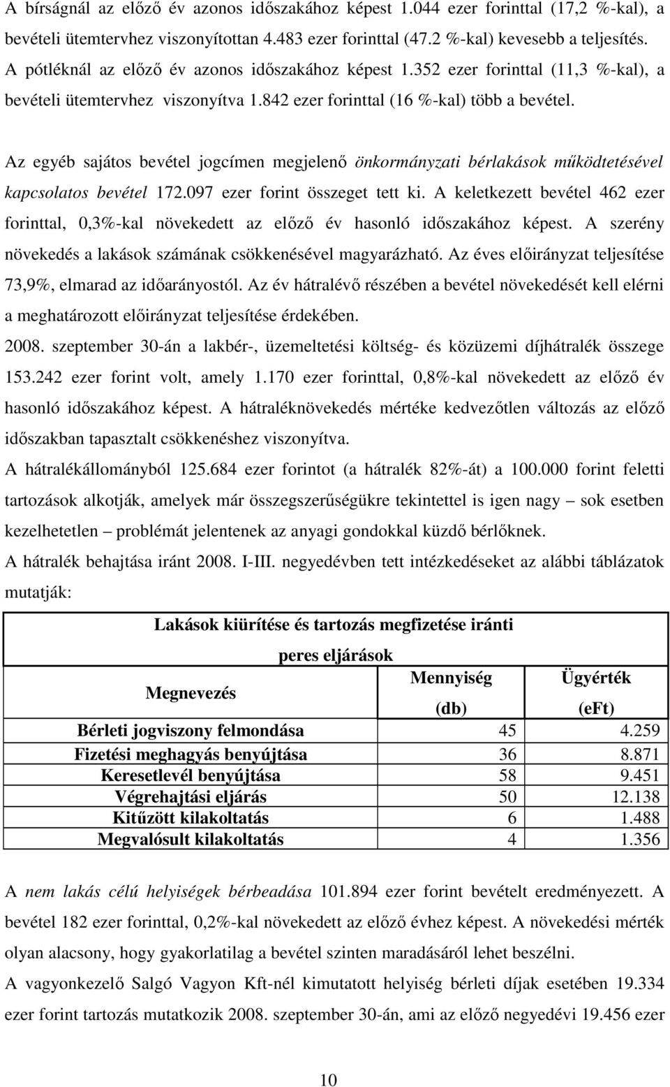Az egyéb sajátos bevétel jogcímen megjelenı önkormányzati bérlakások mőködtetésével kapcsolatos bevétel 172.097 ezer forint összeget tett ki.