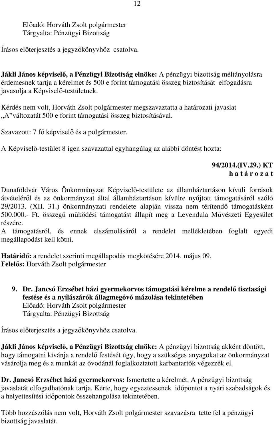 Képviselő-testületnek. Kérdés nem volt, Horváth Zsolt polgármester megszavaztatta a határozati javaslat A változatát 500 e forint támogatási összeg biztosításával.