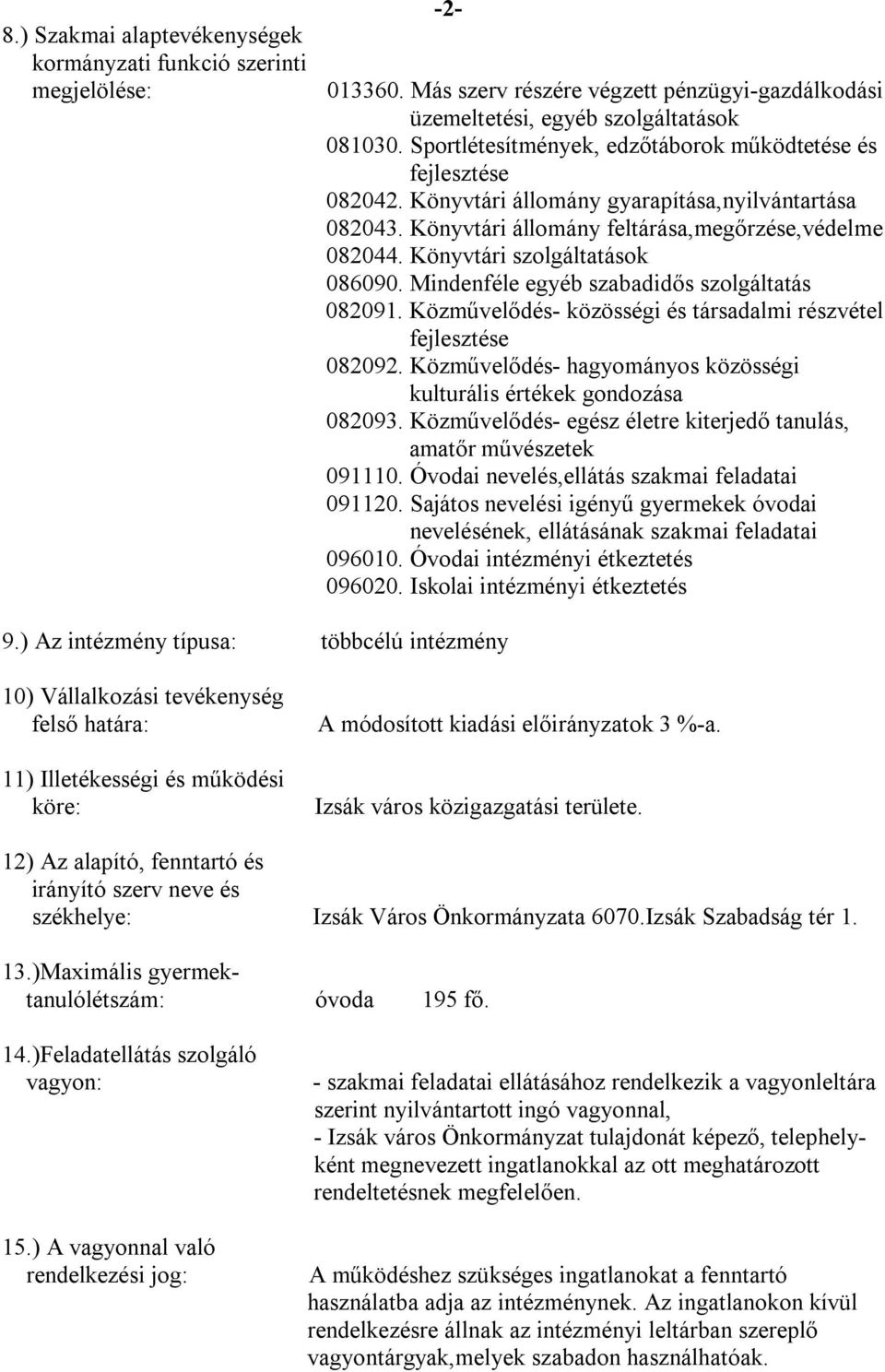 Könyvtári szolgáltatások 086090. Mindenféle egyéb szabadidős szolgáltatás 082091. Közművelődés- közösségi és társadalmi részvétel fejlesztése 082092.