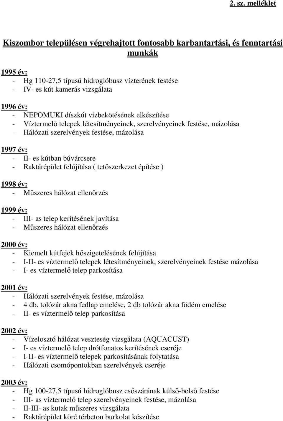 NEPOMUKI díszkút vízbekötésének elkészítése - Víztermelı telepek létesítményeinek, szerelvényeinek festése, mázolása - Hálózati szerelvények festése, mázolása 1997 év: - II- es kútban búvárcsere -