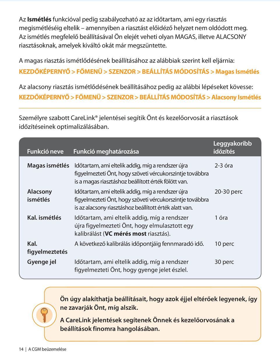 A magas riasztás ismétlődésének beállításához az alábbiak szerint kell eljárnia: KEZDŐKÉPERNYŐ > FŐMENÜ > SZENZOR > BEÁLLÍTÁS MÓDOSÍTÁS > Magas Ismétlés Az alacsony riasztás ismétlődésének