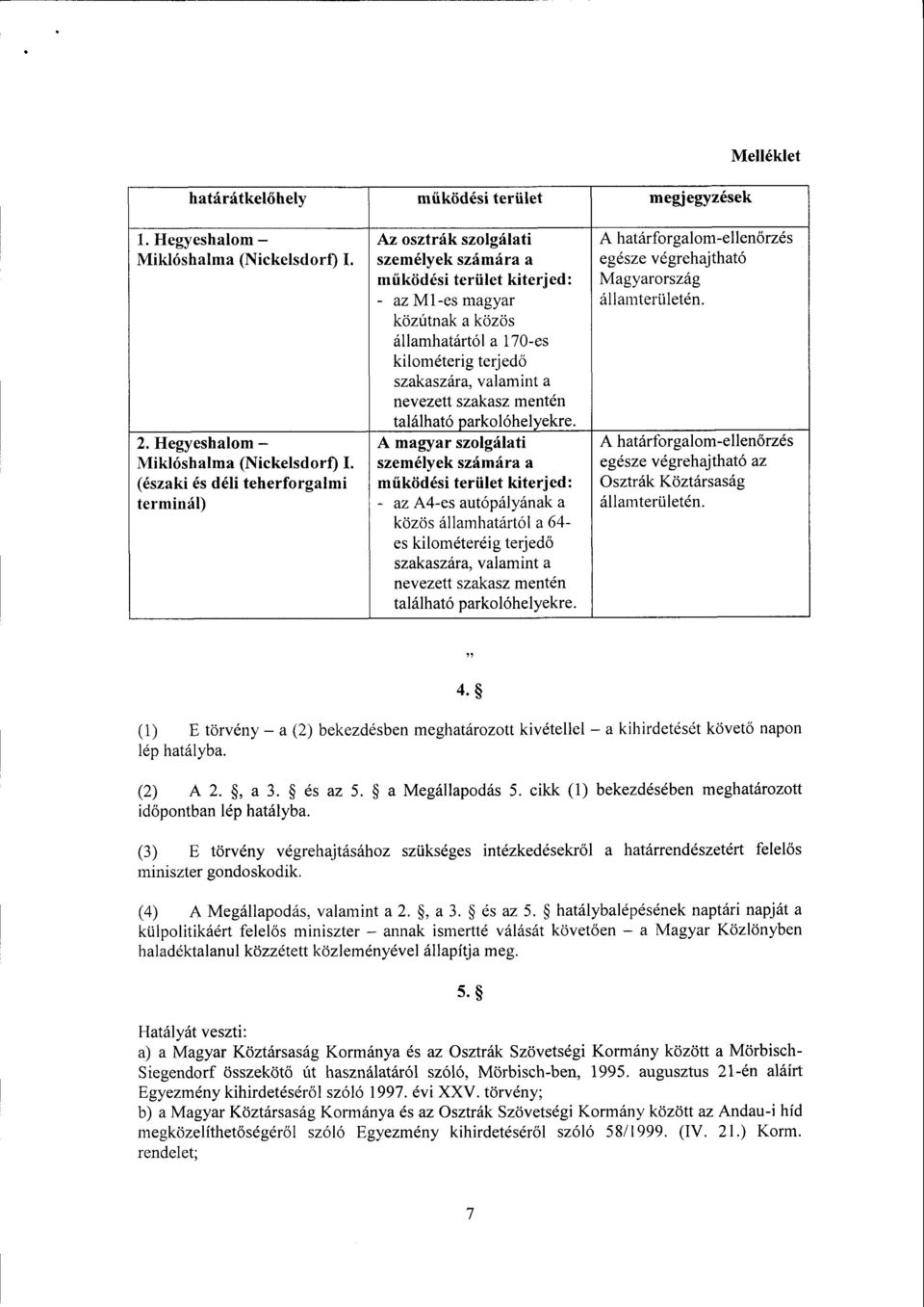 (északi és déli teherforgalm i terminál) Az osztrák szolgálat i személyek számára a m űködési terület kiterjed : - az Ml-es magyar közútnak a közö s államhatártól a 170-es kilométerig terjed ő