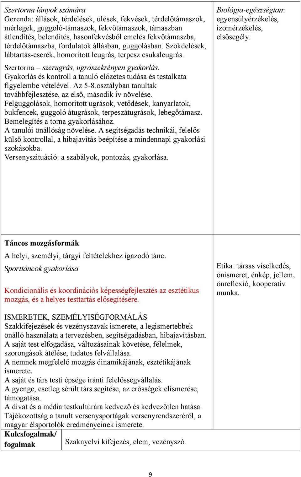 Gyakorlás és kontroll a tanuló előzetes tudása és testalkata figyelembe vételével. Az 5-8.osztályban tanultak továbbfejlesztése, az első, második ív növelése.