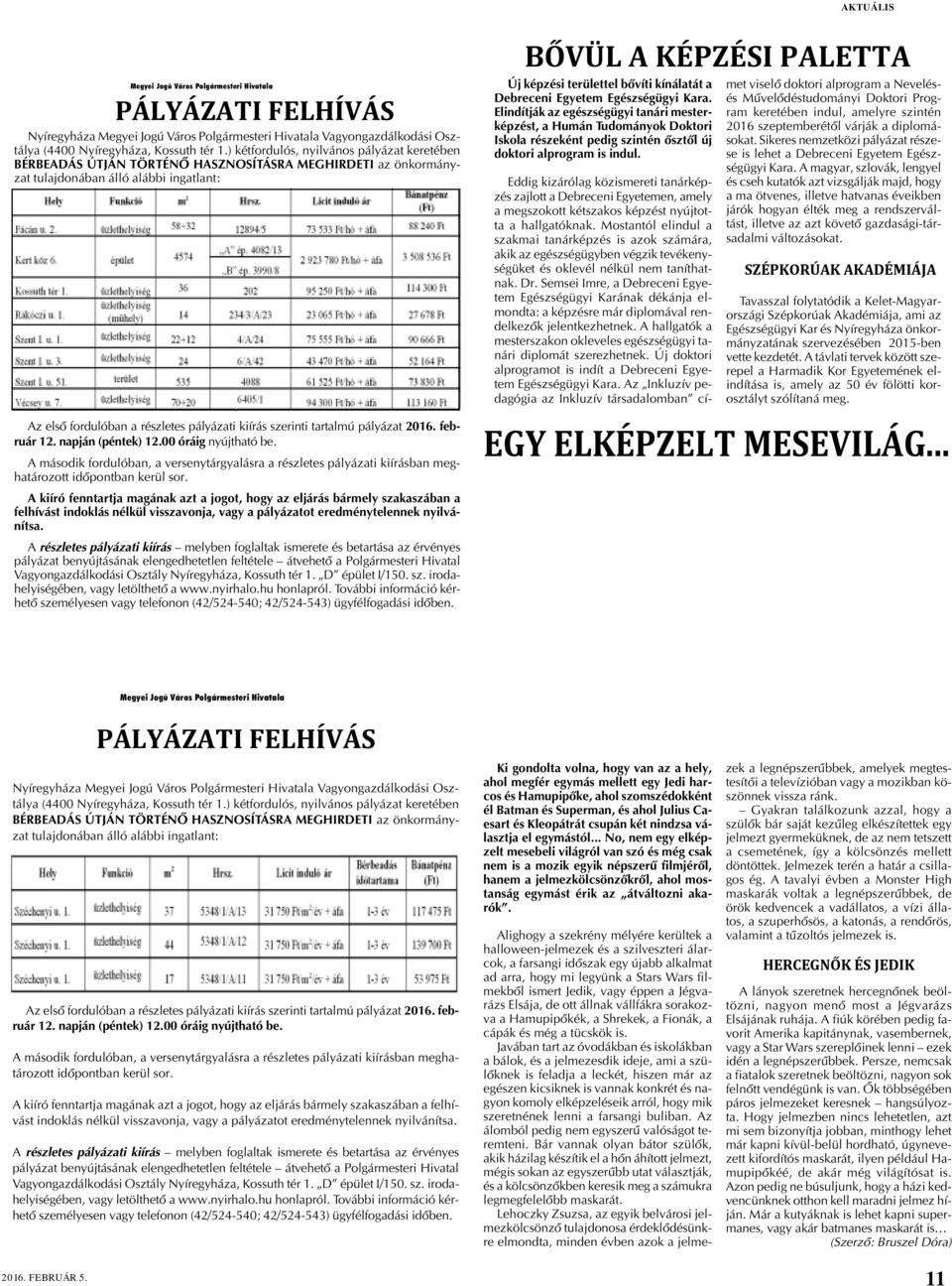 szerinti tartalmú pályázat 2016. február 12. napján (péntek) 12.00 óráig nyújtható be. A második fordulóban, a versenytárgyalásra a részletes pályázati kiírásban meghatározott idõpontban kerül sor.