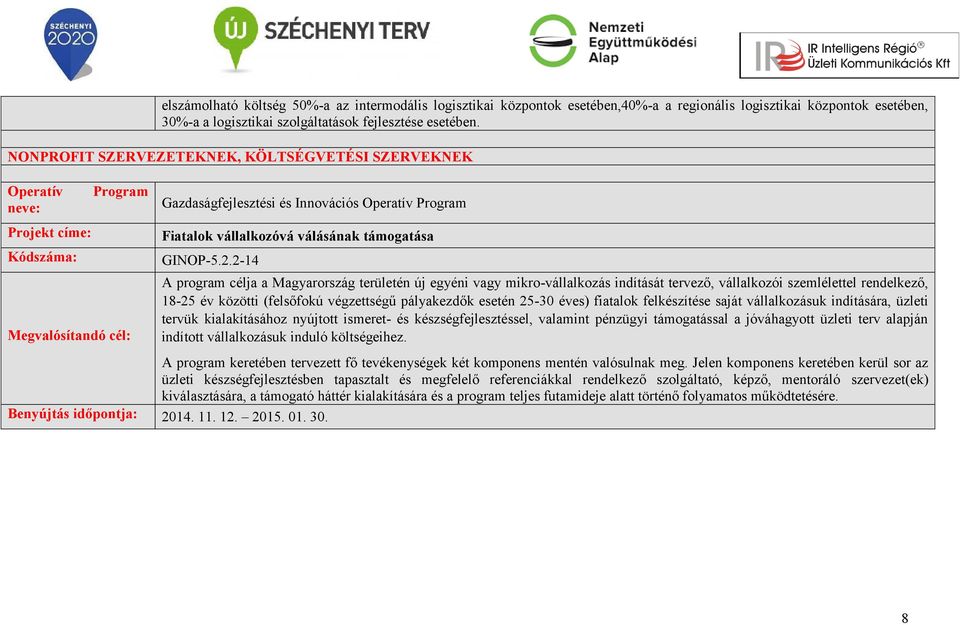 2-14 A program célja a Magyarország területén új egyéni vagy mikro-vállalkozás indítását tervező, vállalkozói szemlélettel rendelkező, 18-25 év közötti (felsőfokú végzettségű pályakezdők esetén 25-30