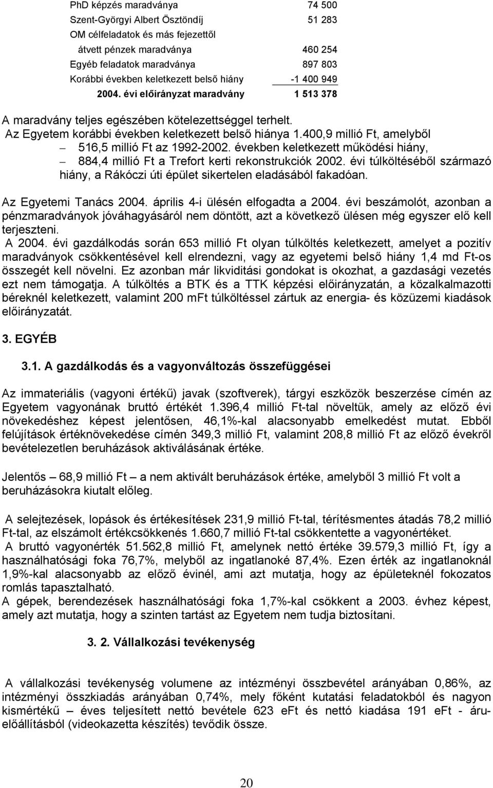 400,9 millió Ft, amelyből 516,5 millió Ft az 1992-2002. években keletkezett működési hiány, 884,4 millió Ft a Trefort kerti rekonstrukciók 2002.