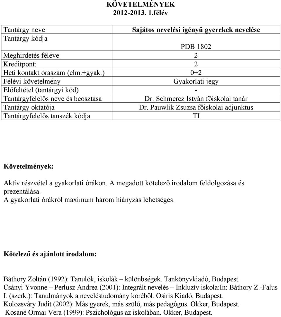 A gyakorlati órákról maximum három hiányzás lehetséges. Báthory Zoltán (1992): Tanulók, iskolák különbségek. Tankönyvkiadó, Budapest.