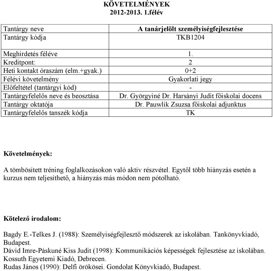 Egytől több hiányzás esetén a kurzus nem teljesíthető, a hiányzás más módon nem pótolható. Kötelező irodalom: Bagdy E.-Telkes J.