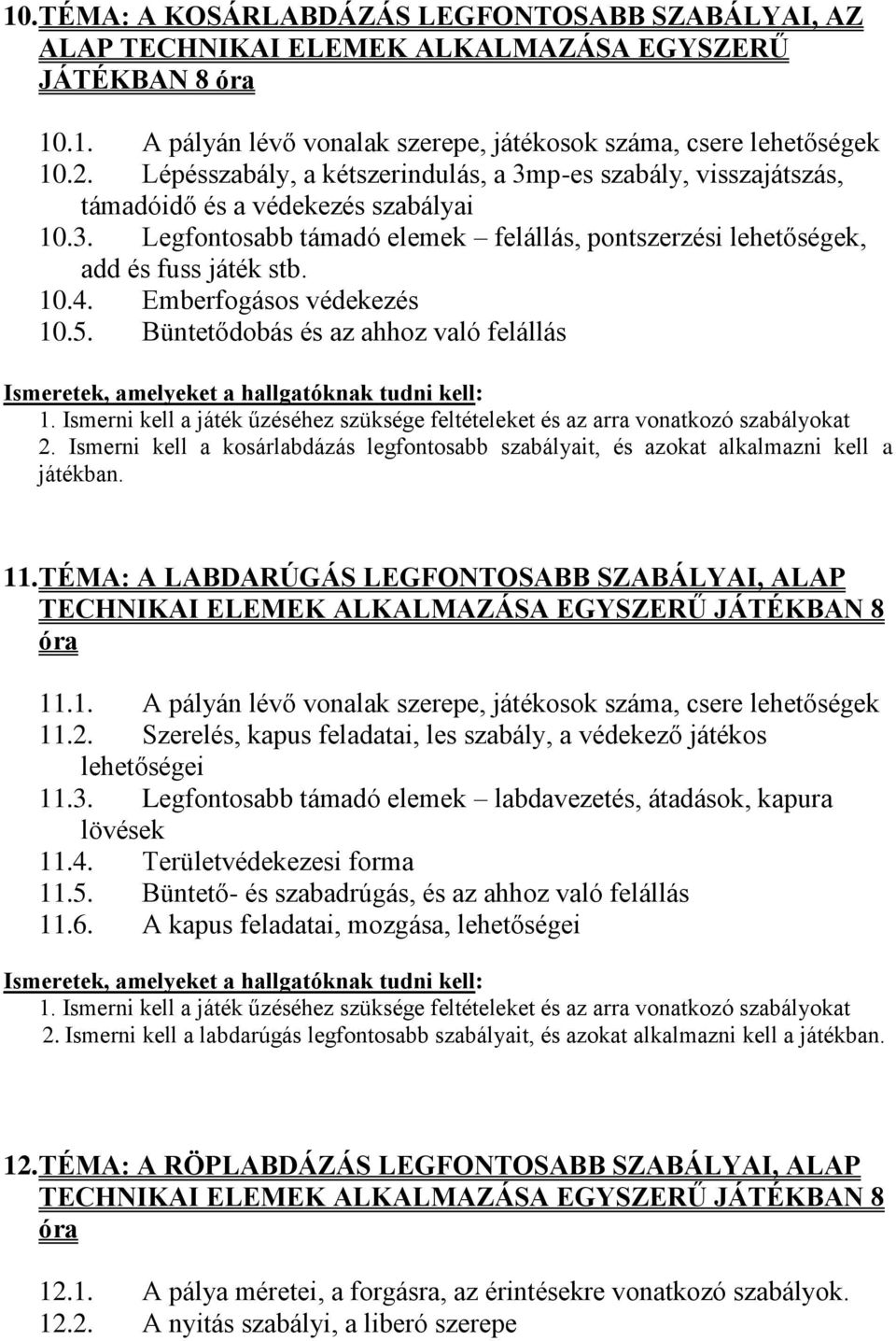 Emberfogásos védekezés 10.5. Büntetődobás és az ahhoz való felállás 2. Ismerni kell a kosárlabdázás legfontosabb szabályait, és azokat alkalmazni kell a játékban. 11.