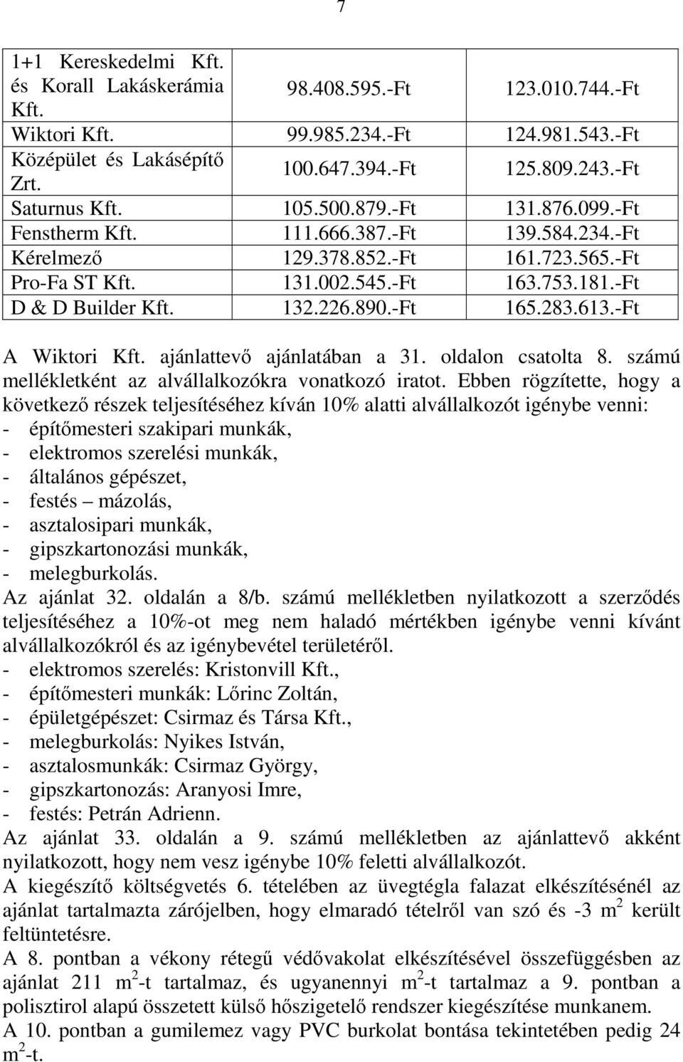 -Ft D & D Builder Kft. 132.226.890.-Ft 165.283.613.-Ft A Wiktori Kft. ajánlattevő ajánlatában a 31. oldalon csatolta 8. számú mellékletként az alvállalkozókra vonatkozó iratot.