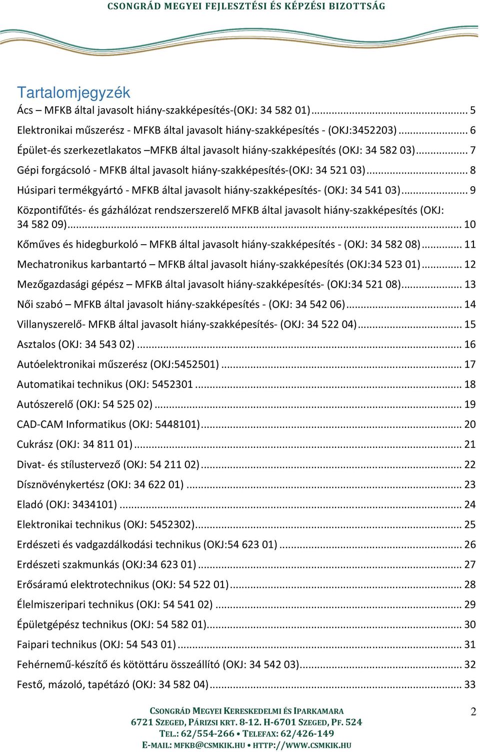 .. 8 Húsipari termékgyártó - MFKB által javasolt hiány-szakképesítés- (OKJ: 34 541 03)... 9 Központifűtés- és gázhálózat rendszerszerelő MFKB által javasolt hiány-szakképesítés (OKJ: 34 582 09).