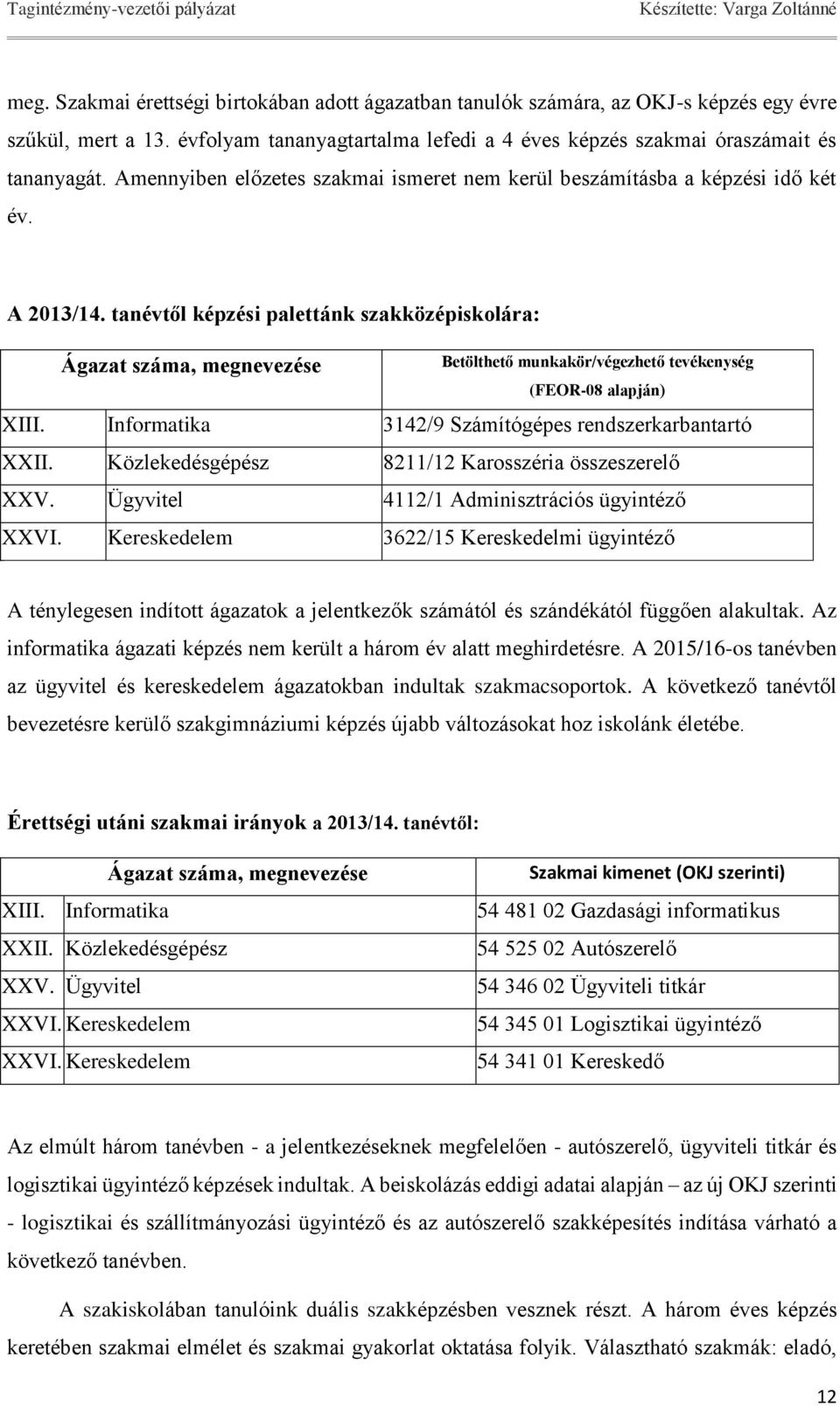 tanévtől képzési palettánk szakközépiskolára: Ágazat száma, megnevezése Betölthető munkakör/végezhető tevékenység (FEOR-08 alapján) XIII. Informatika 3142/9 Számítógépes rendszerkarbantartó XXII.