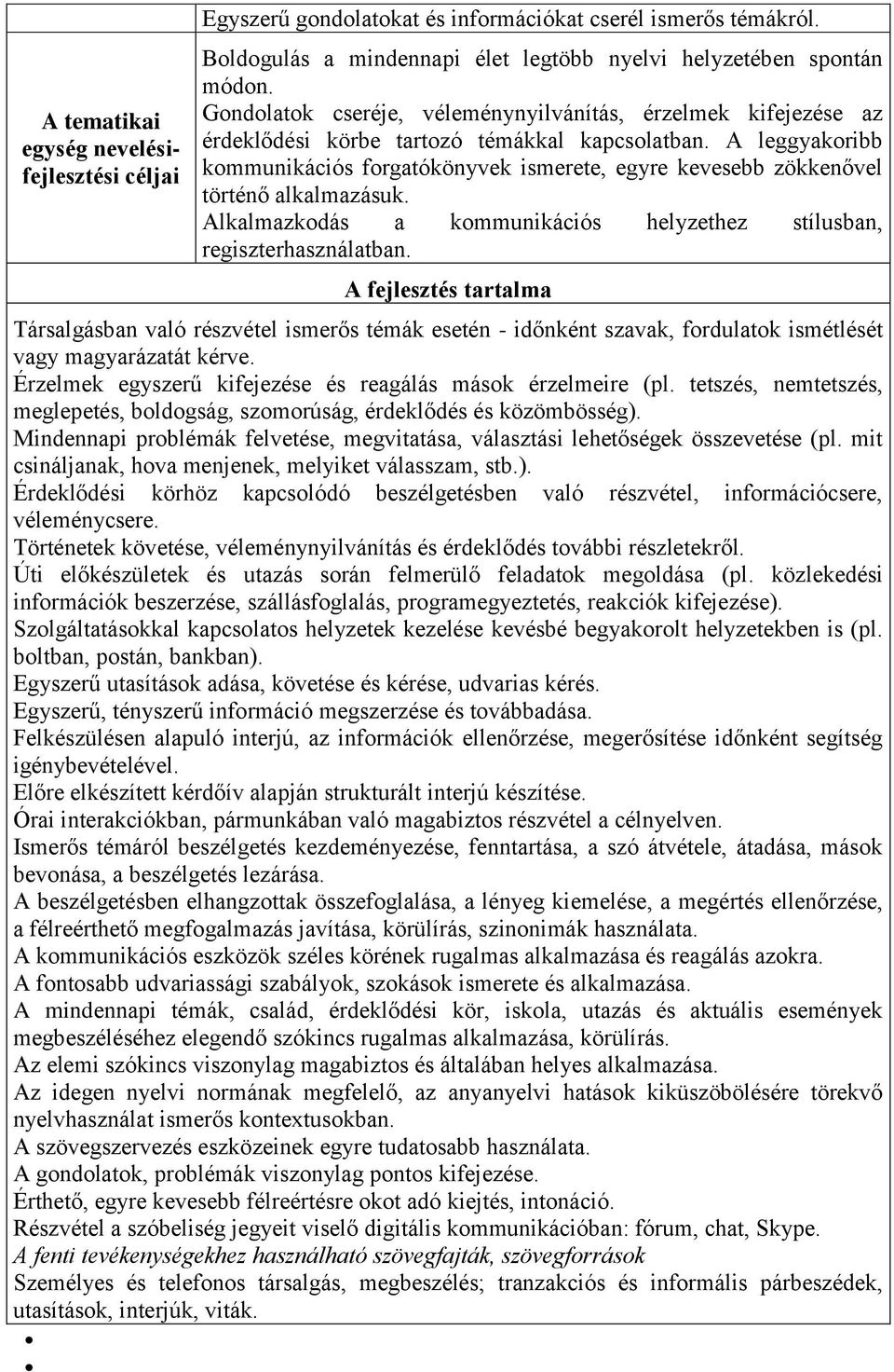 A leggyakoribb kommunikációs forgatókönyvek ismerete, egyre kevesebb zökkenővel történő alkalmazásuk. Alkalmazkodás a kommunikációs helyzethez stílusban, regiszterhasználatban.