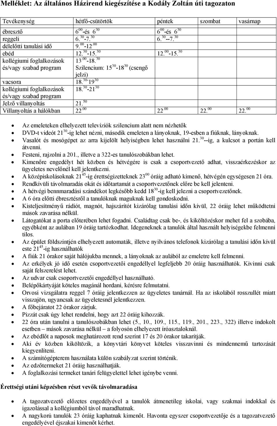30-19 30 kollégiumi foglalkozások 18. 30-21 30 és/vagy szabad program Jelző villanyoltás 21. 50 Villanyoltás a hálókban 22.00 22.00 22. 00 22.