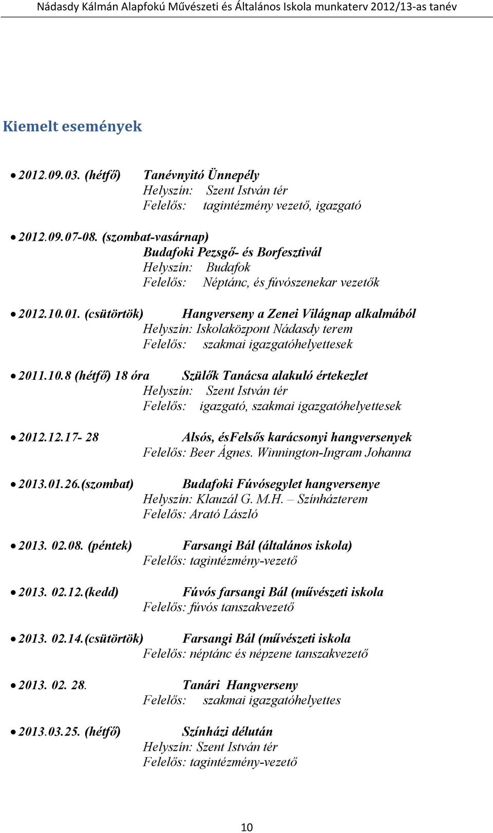 .10.01. (csütörtök) Hangverseny a Zenei Világnap alkalmából Helyszín: Iskolaközpont Nádasdy terem Felelős: szakmai igazgatóhelyettesek 2011.10.8 (hétfő) 18 óra Szülők Tanácsa alakuló értekezlet Helyszín: Szent István tér Felelős: igazgató, szakmai igazgatóhelyettesek 2012.