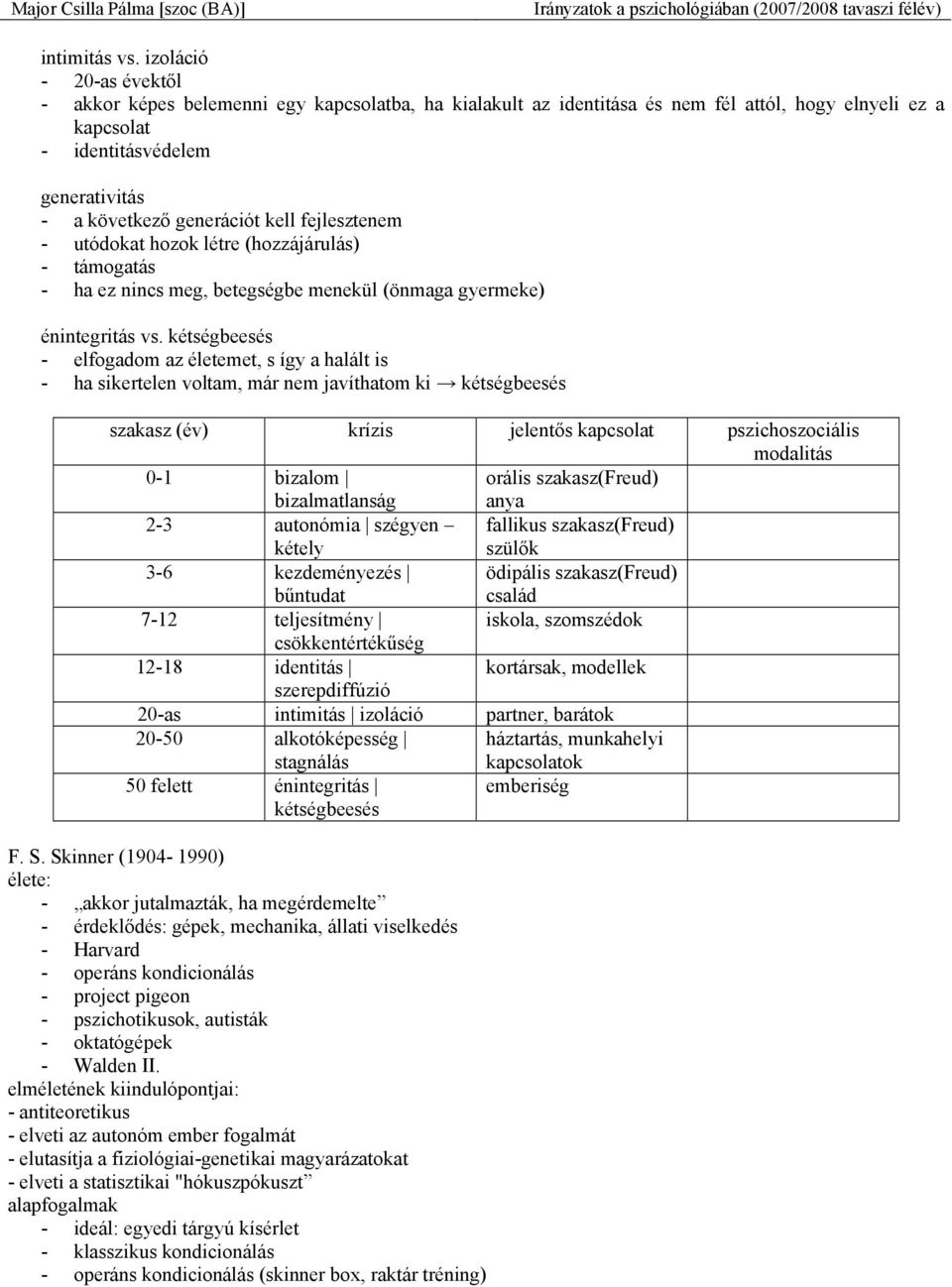 kell fejlesztenem - utódokat hozok létre (hozzájárulás) - támogatás - ha ez nincs meg, betegségbe menekül (önmaga gyermeke) énintegritás vs.