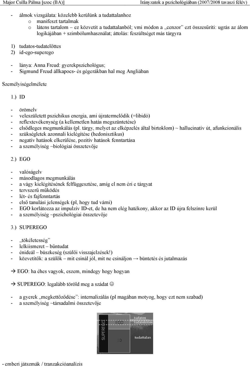 Személyiségelmélete 1.) ID - örömelv - veleszületett pszichikus energia, ami újratermelődik (=libidó) - reflextevékenység (a kellemetlen hatás megszüntetése) - elsődleges megmunkálás (pl.