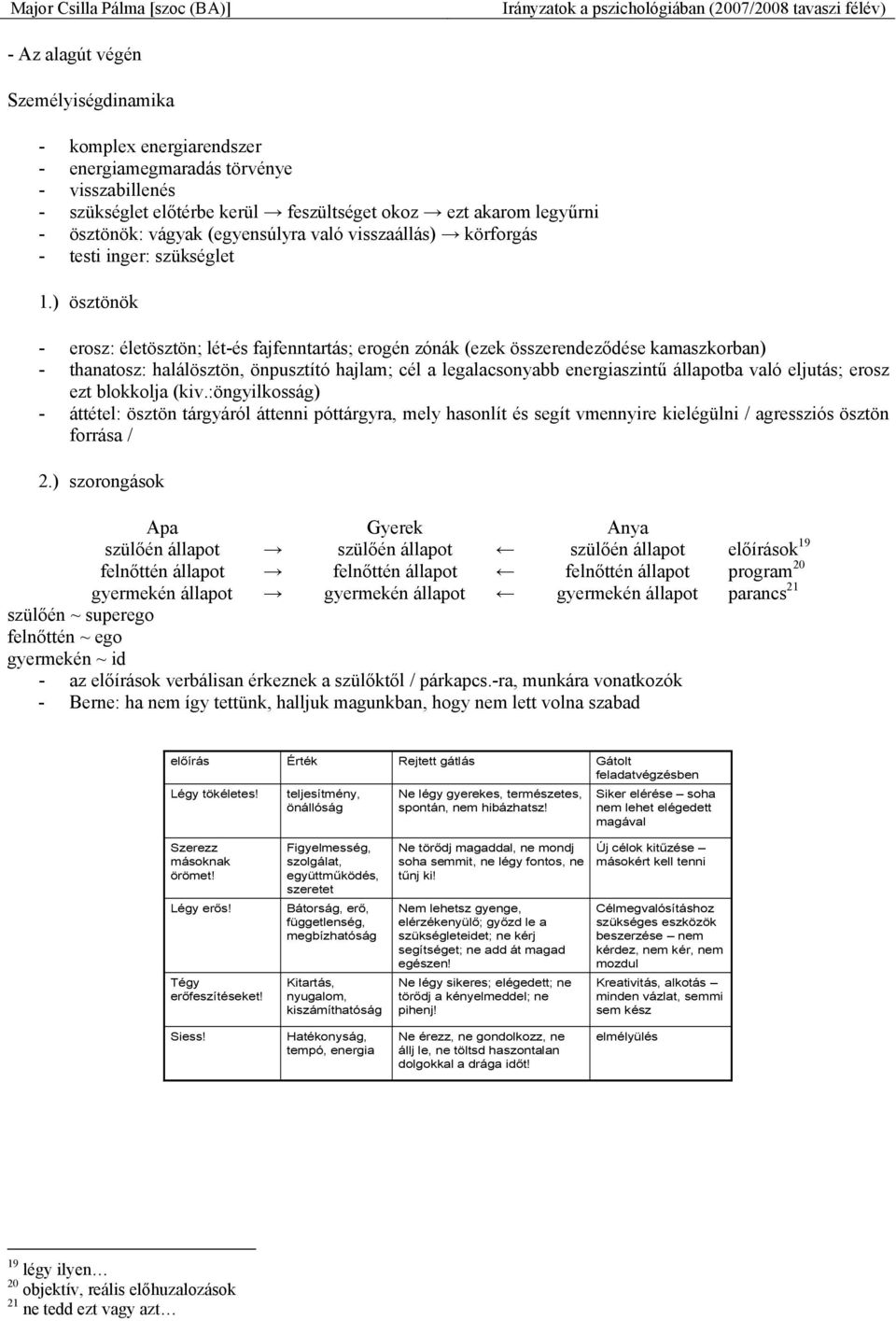 ) ösztönök - erosz: életösztön; lét-és fajfenntartás; erogén zónák (ezek összerendeződése kamaszkorban) - thanatosz: halálösztön, önpusztító hajlam; cél a legalacsonyabb energiaszintű állapotba való