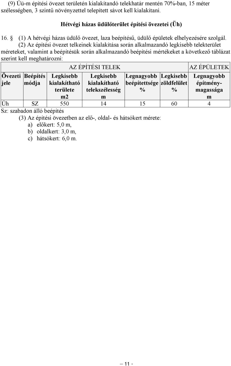 (2) Az építési övezet telkeinek kialakítása során alkalazandó legkisebb telekterület éreteket, valaint a beépítésük során alkalazandó beépítési értékeket a következő táblázat szerint kell