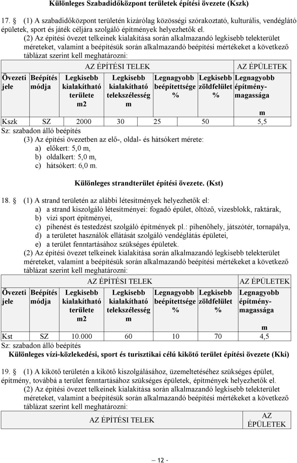 (2) Az építési övezet telkeinek kialakítása során alkalazandó legkisebb telekterület éreteket, valaint a beépítésük során alkalazandó beépítési értékeket a következő táblázat szerint kell