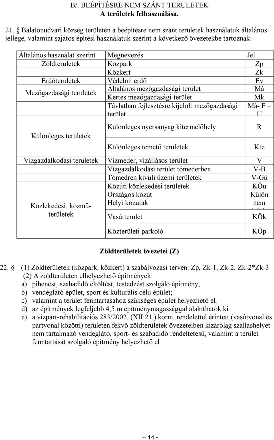 Megnevezés Jel Zöldterületek Közpark Zp Közkert Zk Erdőterületek Védeli erdő Ev Mezőgazdasági területek Általános ezőgazdasági terület Má Kertes ezőgazdasági terület Mk Távlatban fejlesztésre