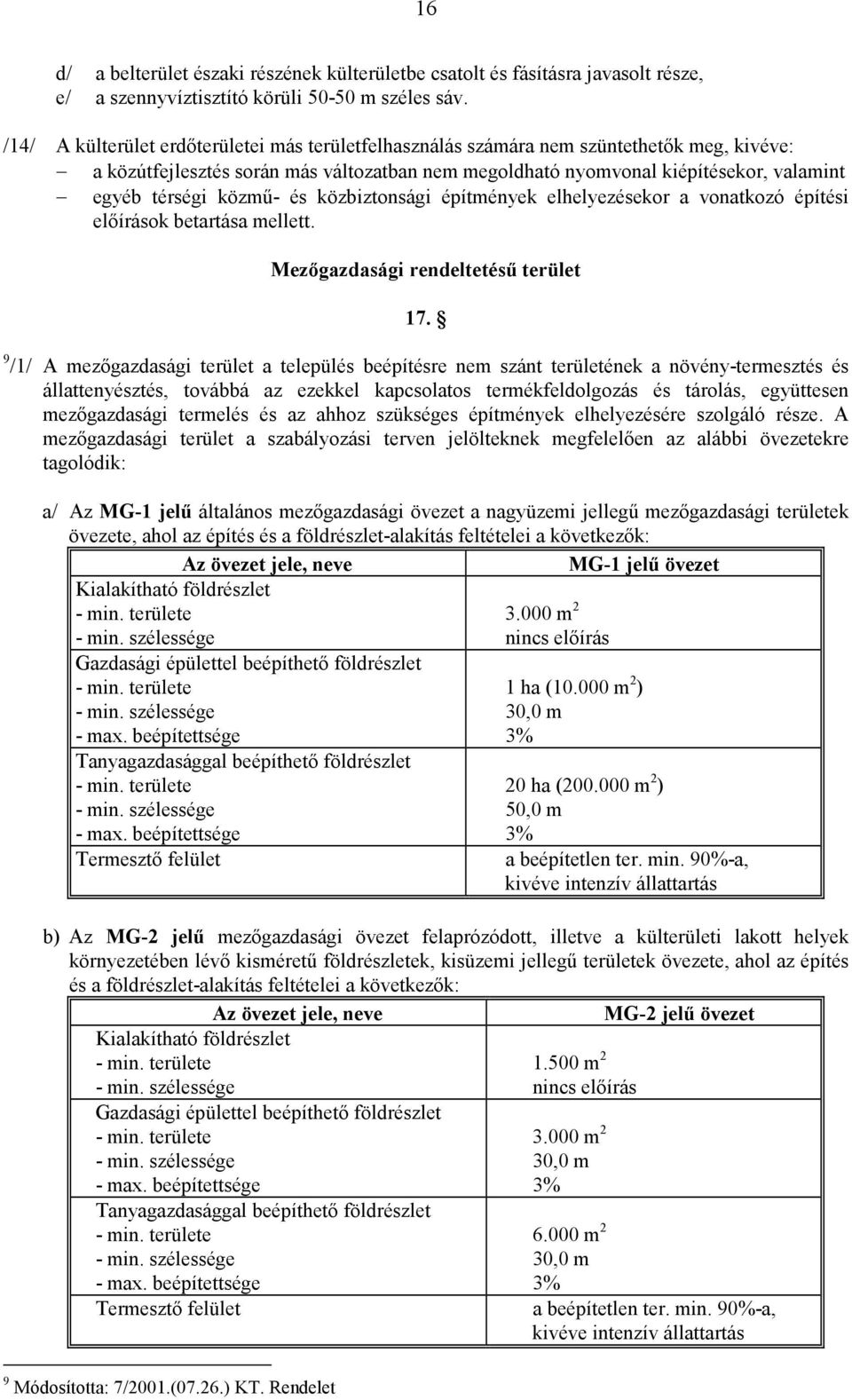 közmő- és közbiztonsági építmények elhelyezésekor a vonatkozó építési elıírások betartása mellett. Mezıgazdasági rendeltetéső terület 17.