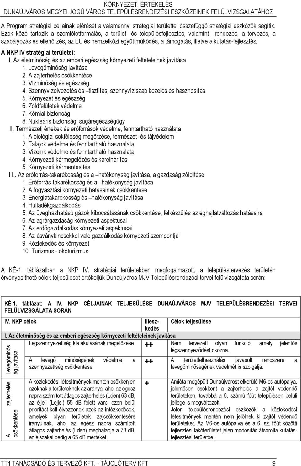 kutatás-fejlesztés. A NKP IV stratégiai területei: I. Az életminőség és az emberi egészség környezeti feltételeinek javítása 1. Levegőminőség javítása 2. A zajterhelés csökkentése 3.