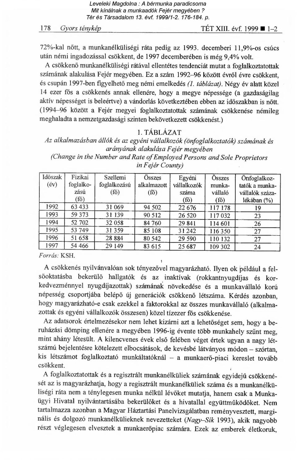 Ez a szám 1992-96 között évr ől évre csökkent, és csupán 1997-ben figyelhet ő meg némi emelkedés (1. táblázat).