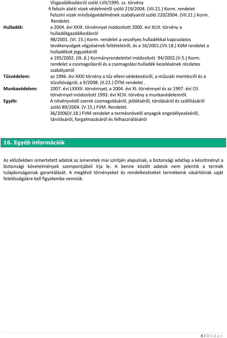 ) Korm. rendelet a veszélyes hulladékkal kapcsolatos tevékenységek végzésének feltételeiről, és a 16/2001.(VII.18.) KöM rendelet a hulladékok jegyzékéről a 195/2002. (IX..6.) Kormányrendelettel módosított 94/2002.