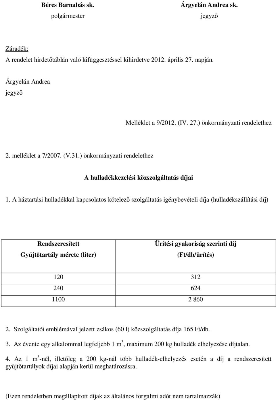 A háztartási hulladékkal kapcsolatos kötelező szolgáltatás igénybevételi díja (hulladékszállítási díj) Rendszeresített Gyűjtőtartály mérete (liter) Ürítési gyakoriság szerinti díj (Ft/db/ürítés) 120