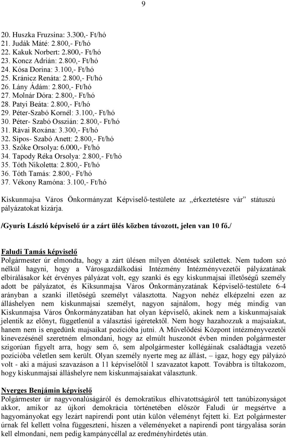 Sipos- Szabó Anett: 2.800,- Ft/hó 33. Szőke Orsolya: 6.000,- Ft/hó 34. Tapody Réka Orsolya: 2.800,- Ft/hó 35. Tóth Nikoletta: 2.800,- Ft/hó 36. Tóth Tamás: 2.800,- Ft/hó 37. Vékony Ramóna: 3.