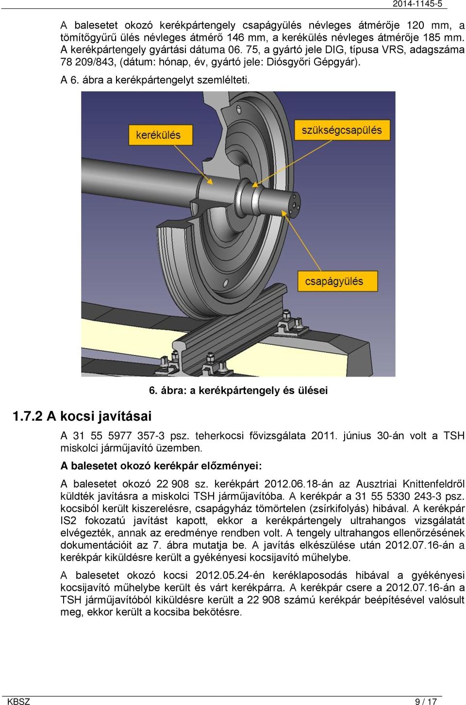 ábra: a kerékpártengely és ülései A 31 55 5977 357-3 psz. teherkocsi fővizsgálata 2011. június 30-án volt a TSH miskolci járműjavító üzemben.