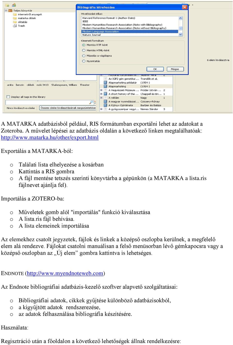 Importálás a ZOTERO-ba: o Műveletek gomb alól "importálás" funkció kiválasztása o A lista.ris fájl behívása.