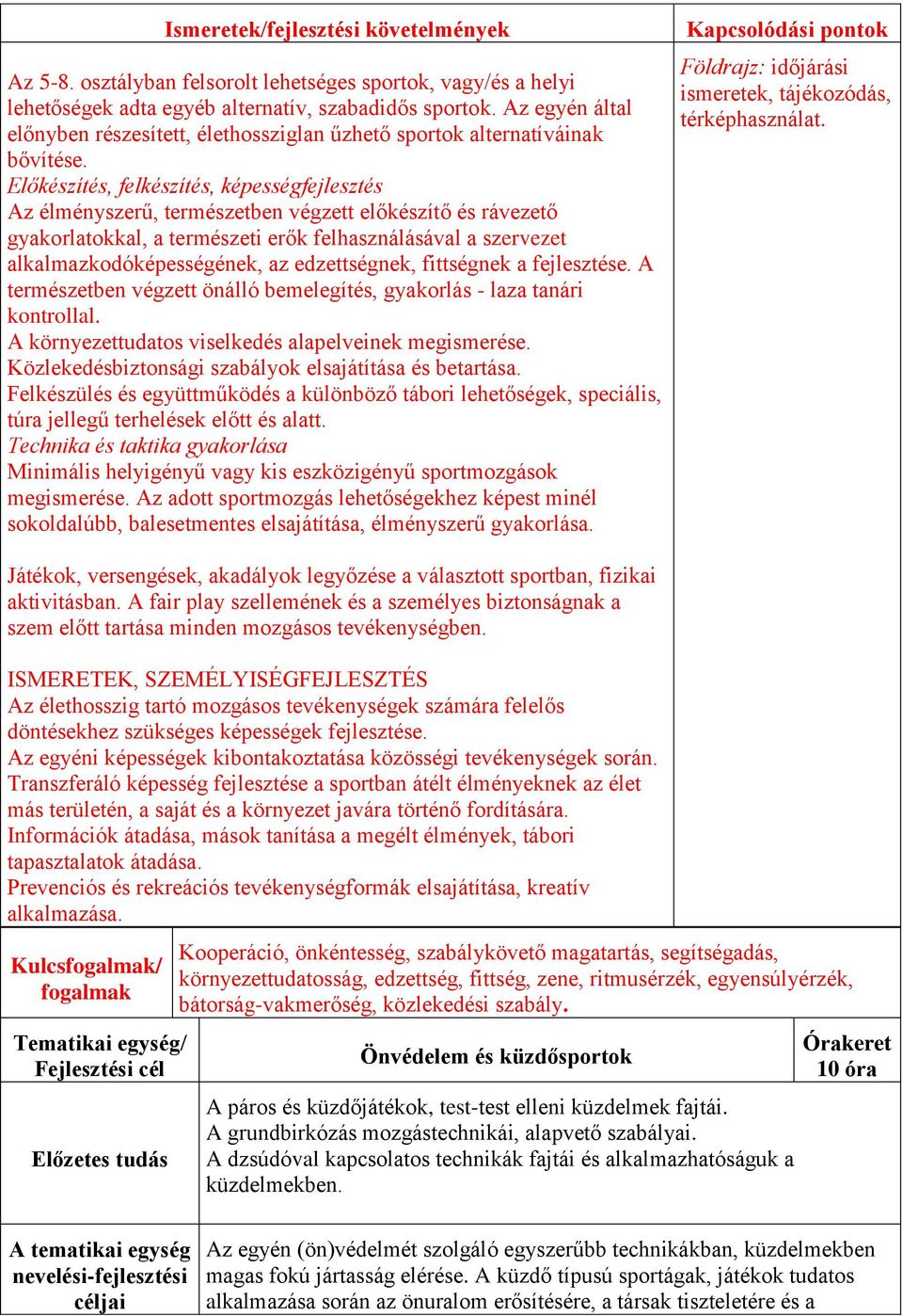 Előkészítés, felkészítés, képességfejlesztés Az élményszerű, természetben végzett előkészítő és rávezető gyakorlatokkal, a természeti erők felhasználásával a szervezet alkalmazkodóképességének, az