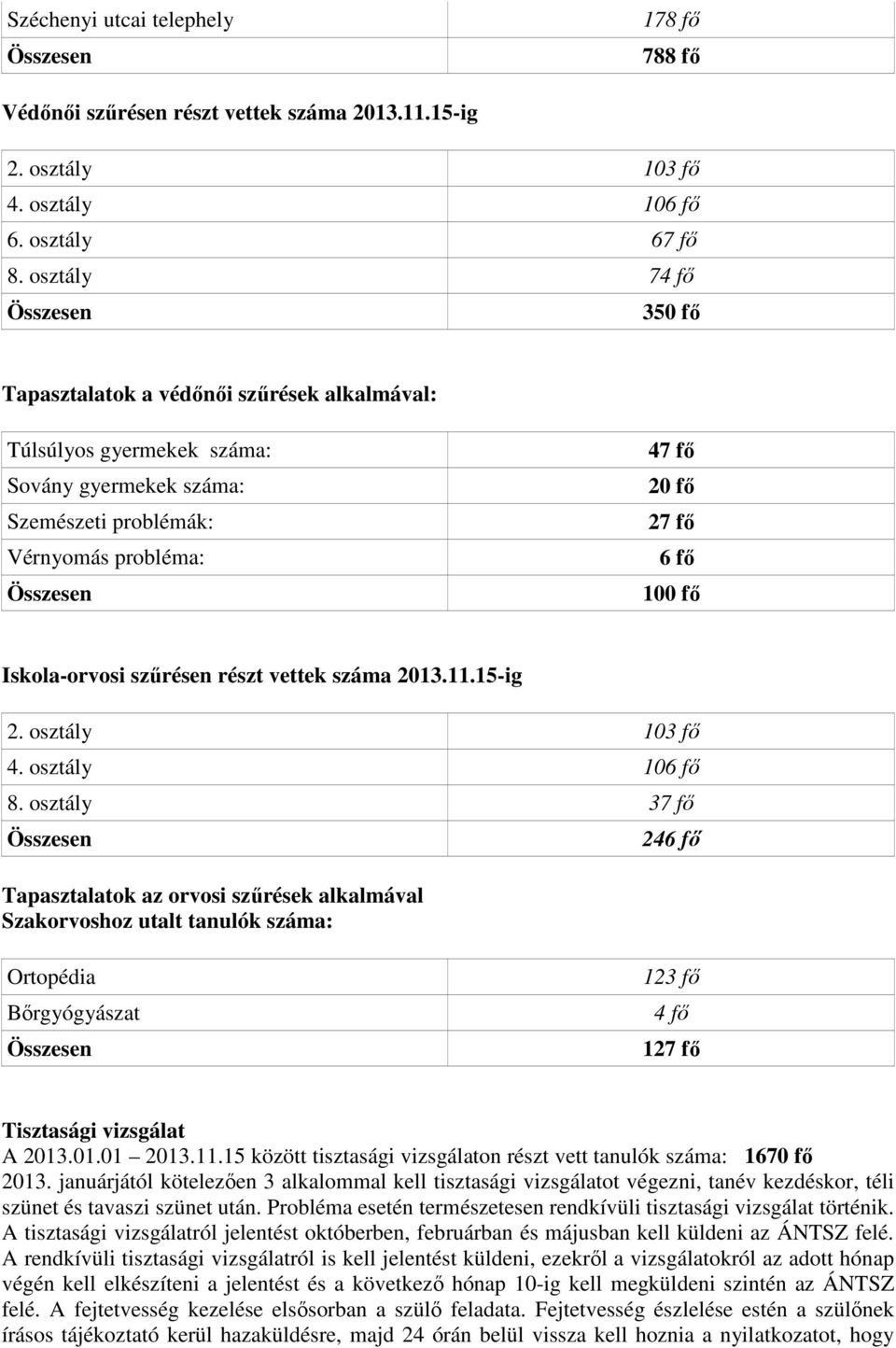 Iskola-orvosi szűrésen részt vettek száma 2013.11.15-ig 2. osztály 103 fő 4. osztály 106 fő 8.