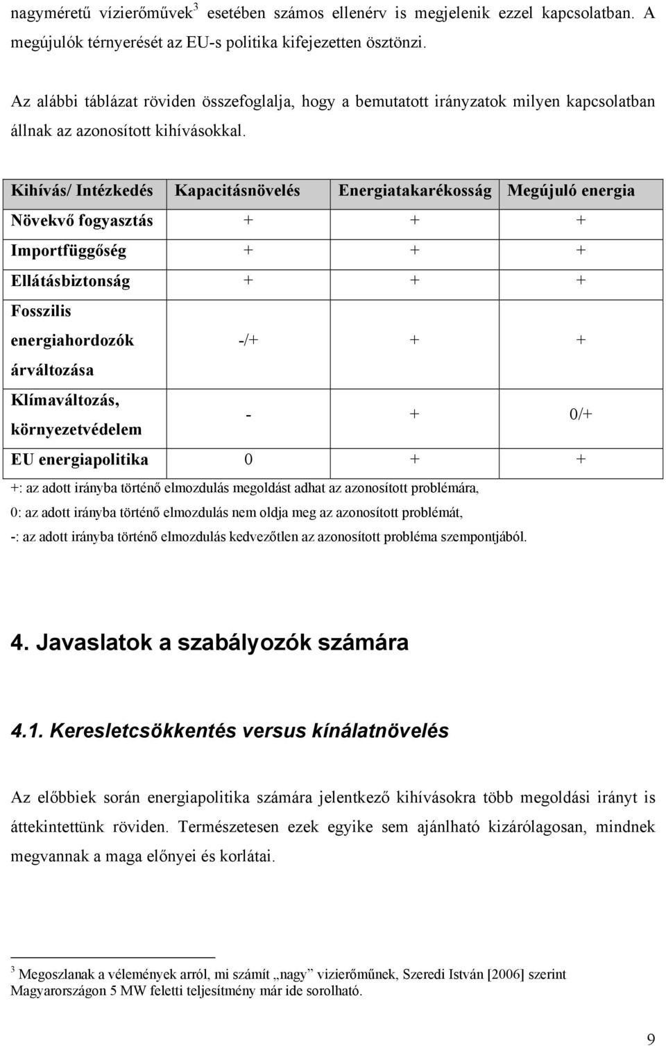 Kihívás/ Intézkedés Kapacitásnövelés Energiatakarékosság Megújuló energia Növekvő fogyasztás + + + Importfüggőség + + + Ellátásbiztonság + + + Fosszilis energiahordozók -/+ + + árváltozása