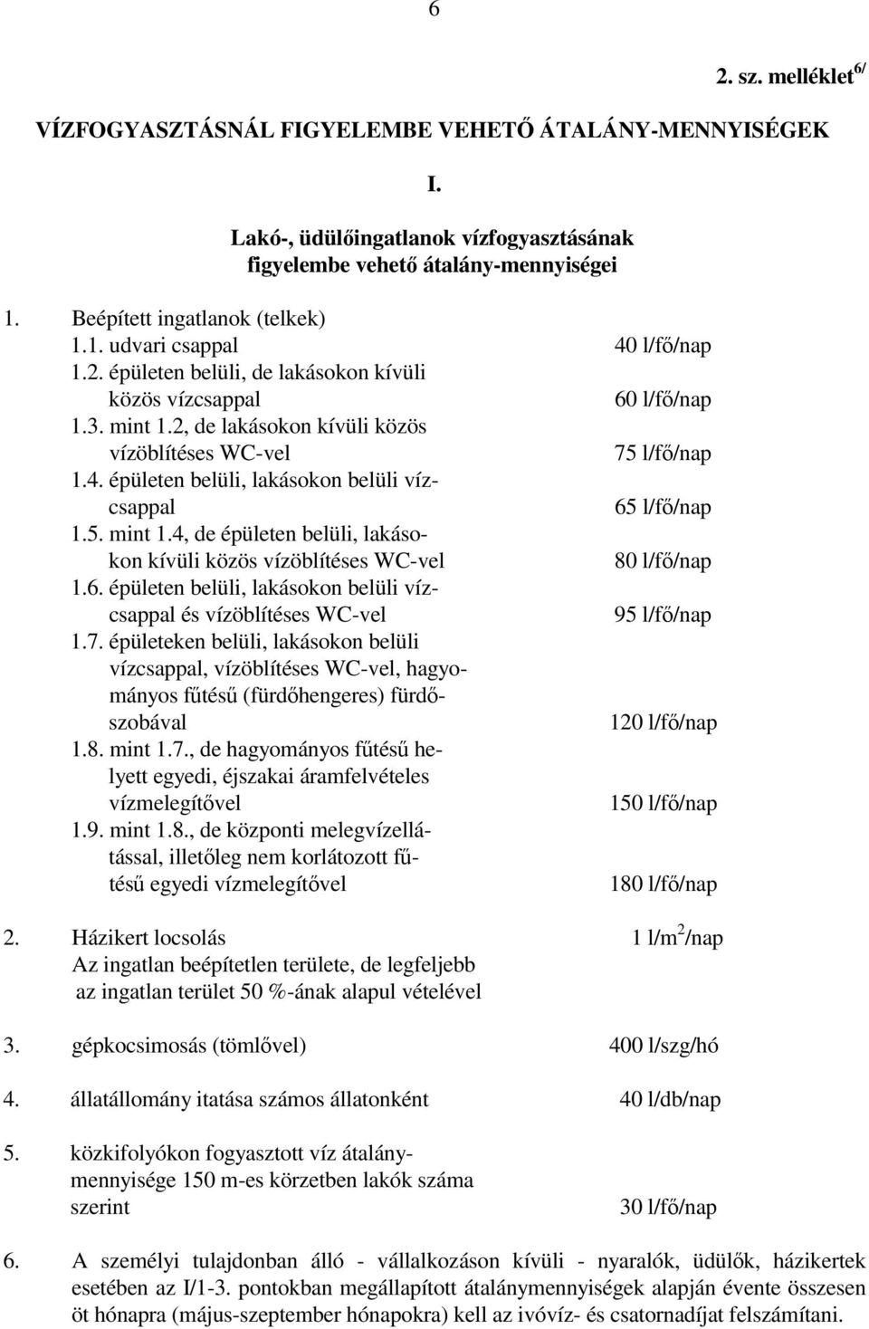 6. épületen belüli, lakásokon belüli vízcsappal és vízöblítéses WC-vel 95 l/fő/nap 1.7.