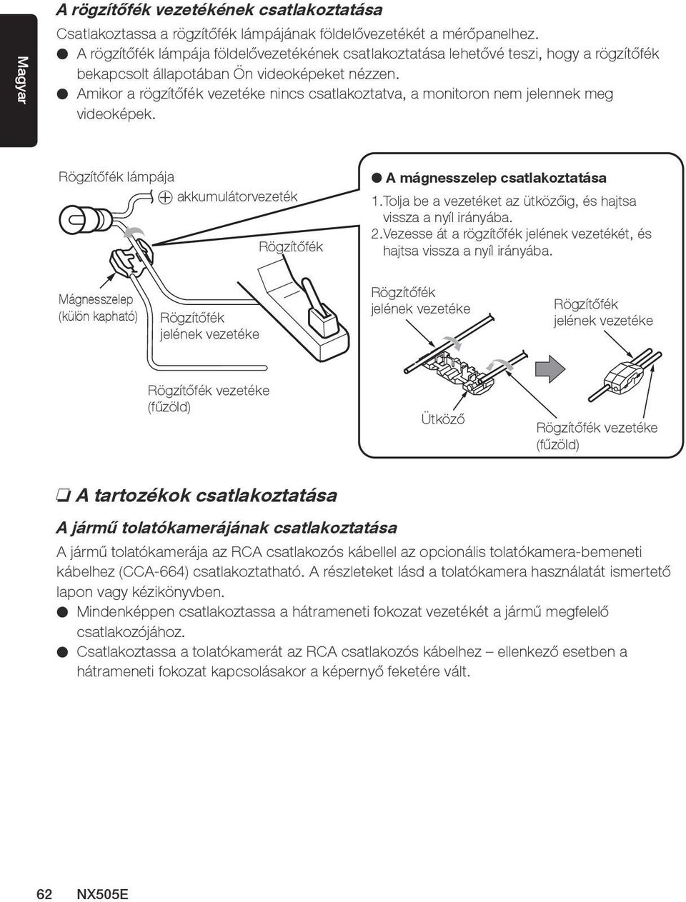 Amikor a rögzítőfék vezetéke nincs csatlakoztatva, a monitoron nem jelennek meg videoképek. lámpája + akkumulátorvezeték A mágnesszelep csatlakoztatása 1.